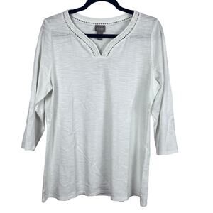 NWT: Chico's White Top Women's 1‎ (M) Beaded 3/4 Sleeves 100% Cotton (F535)